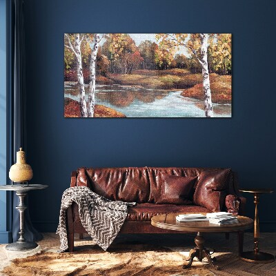 Autumn scenery by the river Glass Wall Art