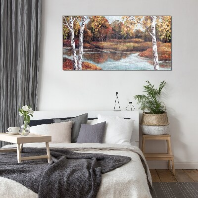 Autumn scenery by the river Glass Wall Art