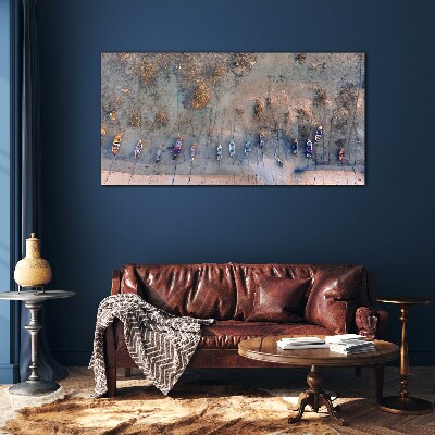 A quiet port in the sunset light Glass Print