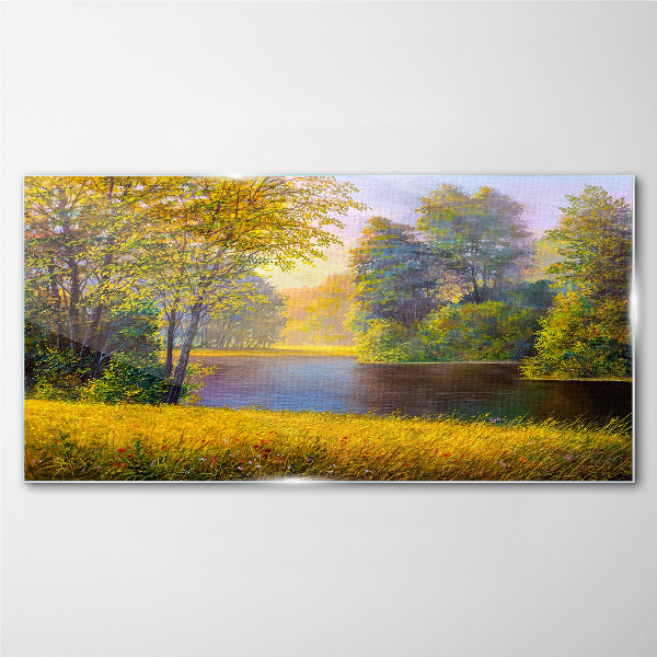 Golden autumn on the river Glass Print