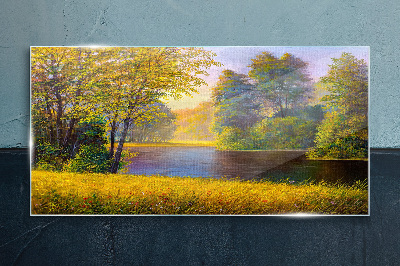 Golden autumn on the river Glass Print