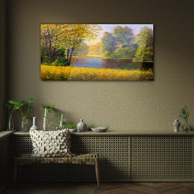 Golden autumn on the river Glass Print