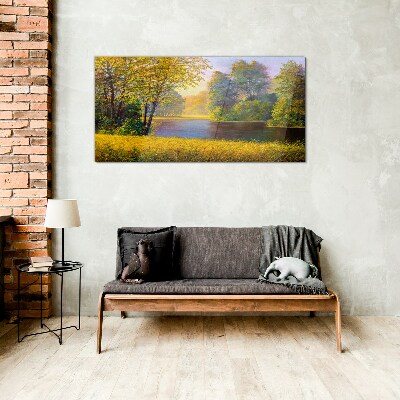 Golden autumn on the river Glass Print