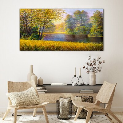 Golden autumn on the river Glass Print