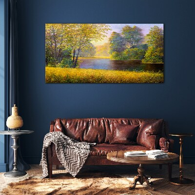 Golden autumn on the river Glass Print