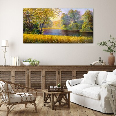 Golden autumn on the river Glass Print