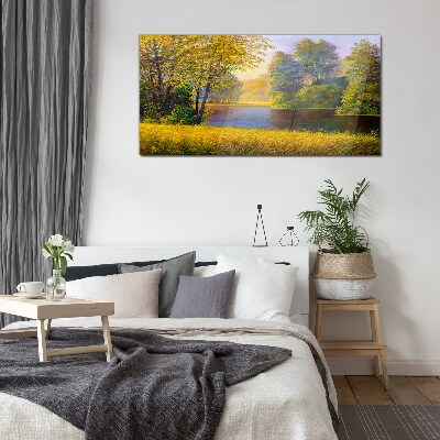 Golden autumn on the river Glass Print