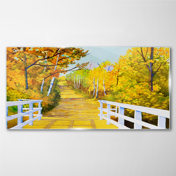 Golden path in the autumn forest Glass Print