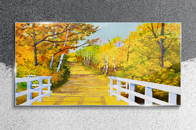 Bridge forest autumn Glass Print