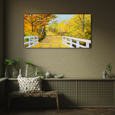 Golden path in the autumn forest Glass Print