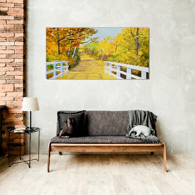 Golden path in the autumn forest Glass Print