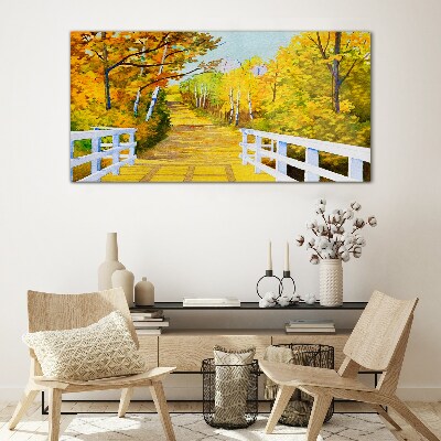 Golden path in the autumn forest Glass Print