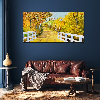 Golden path in the autumn forest Glass Print