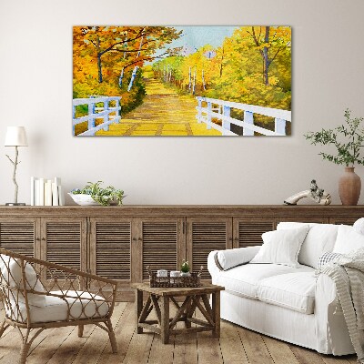 Golden path in the autumn forest Glass Print