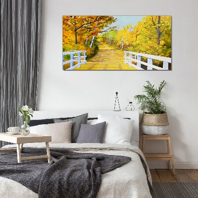 Golden path in the autumn forest Glass Print
