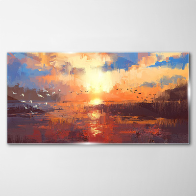 Lake sunset clouds Glass Wall Art