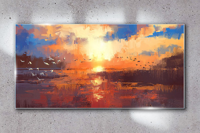 Lake sunset clouds Glass Wall Art