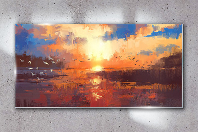 Sunset over a calm lake Glass Wall Art