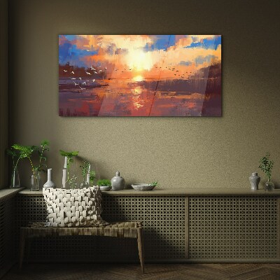 Sunset over a calm lake Glass Wall Art