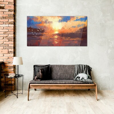 Sunset over a calm lake Glass Wall Art