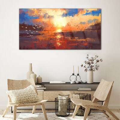 Sunset over a calm lake Glass Wall Art