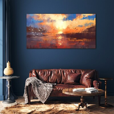 Sunset over a calm lake Glass Wall Art
