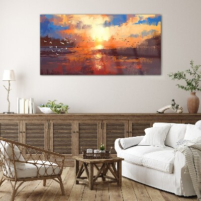 Sunset over a calm lake Glass Wall Art