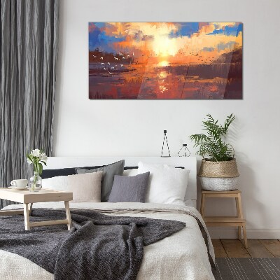 Sunset over a calm lake Glass Wall Art