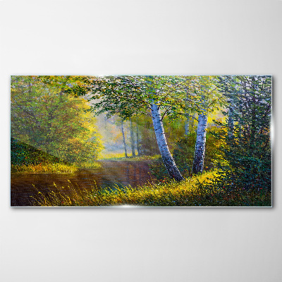 Golden light on the river bank Glass Print