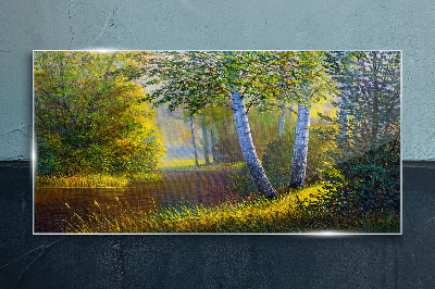 Golden light on the river bank Glass Print