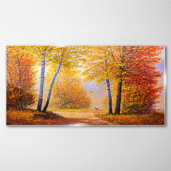 Golden autumn in the forest Glass Print