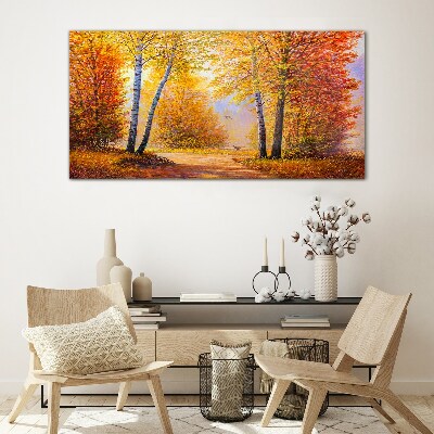 Golden autumn in the forest Glass Print