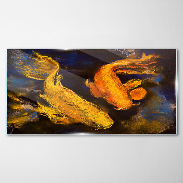 Golden fish in water dance Glass Wall Art