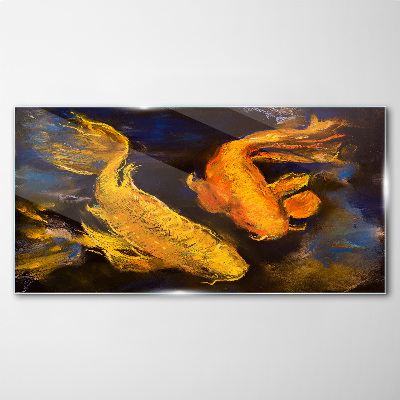 Golden fish in water dance Glass Wall Art