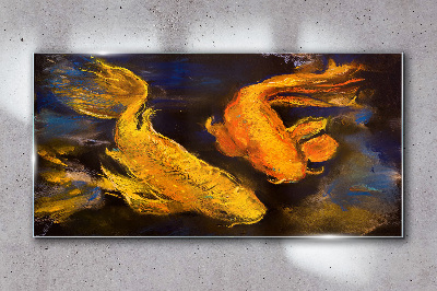 Golden fish in water dance Glass Wall Art