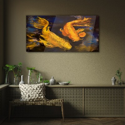 Golden fish in water dance Glass Wall Art