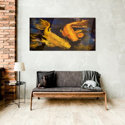 Golden fish in water dance Glass Wall Art