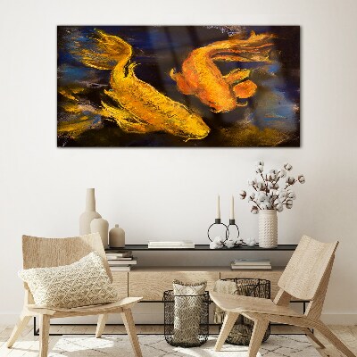 Golden fish in water dance Glass Wall Art