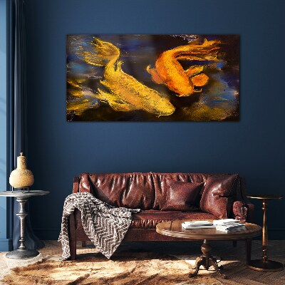 Golden fish in water dance Glass Wall Art