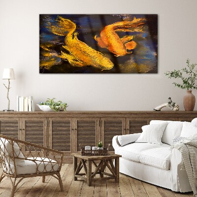 Golden fish in water dance Glass Wall Art