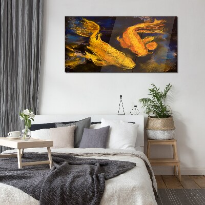 Golden fish in water dance Glass Wall Art
