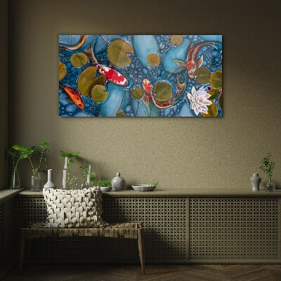 Koi among the water lilies Glass Print