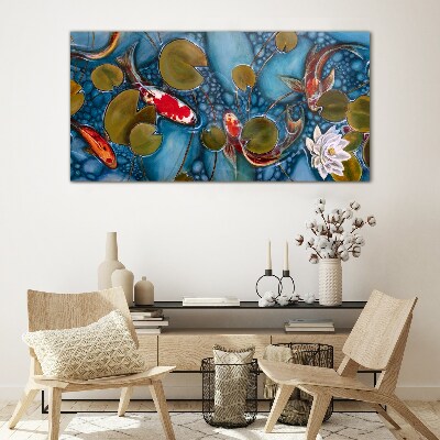 Koi among the water lilies Glass Print