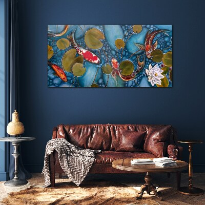 Koi among the water lilies Glass Print