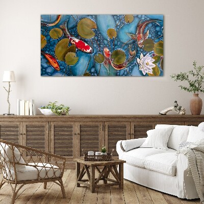 Koi among the water lilies Glass Print