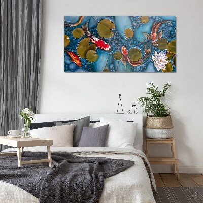 Koi among the water lilies Glass Print