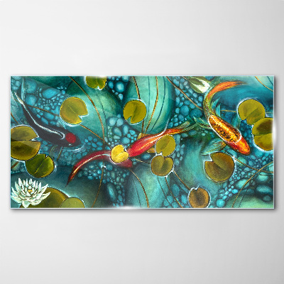 Water reflections with fish and lilies Glass Print