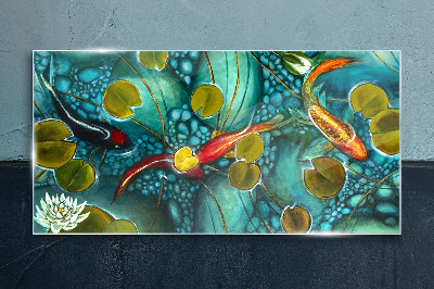 Water reflections with fish and lilies Glass Print