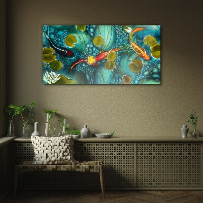 Water reflections with fish and lilies Glass Print