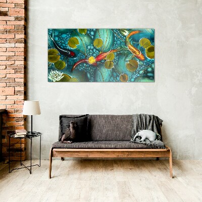 Water reflections with fish and lilies Glass Print
